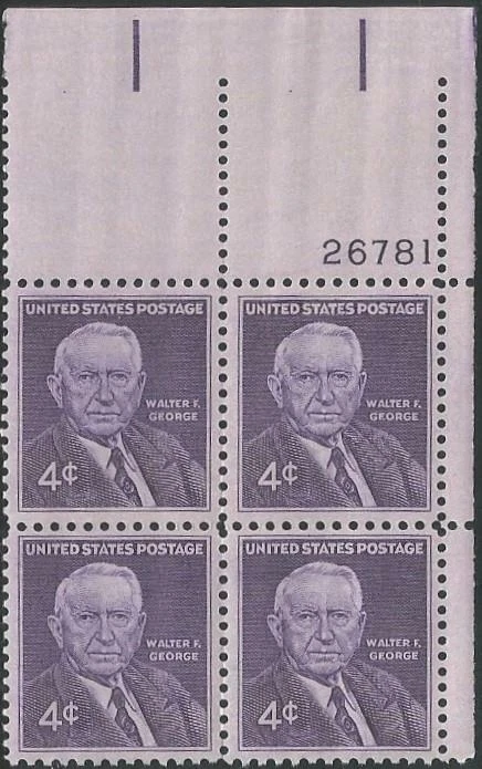Plate Block of 4 stamps - Scott 1170 - 4 cent - Walter F. George - 1960 - MNH - Image 1 of 1