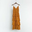 Women Slip Dress Polka Dots Spotted Tiered Ruffle Frilly Pleated Midi Yellow