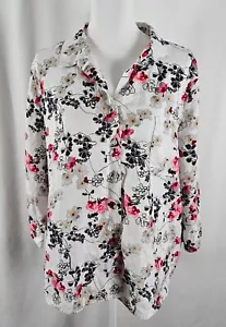 Chicos Womens Button Blouse White Black Red Gray Floral Pure Linen 2XL - Picture 1 of 6