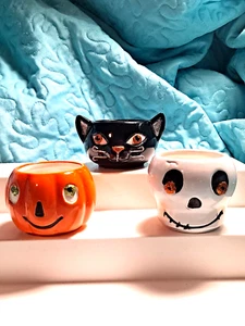 Halloween Tea Light Candle Holders Hallmark Set of 3 Cat, Skull, Pumpkin - Picture 1 of 12