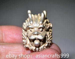 1.2" Alte chinesische Silber geschnitzte Fengshui Drachenkopf Skulptur Mann Ring - Bild 1 von 7