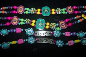 2 Pairs OOAK~Artisan Handmade Boho Chic Festival LOVE PEACE Rhinestone Anklets - Picture 1 of 16