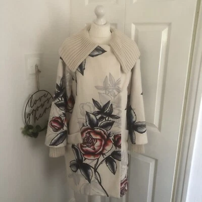 Abrigo French Connection UK 10 Floral Mezcla Crema Acanalado Tejido Cuello Bolsillos Forrado Foto 1 de 4