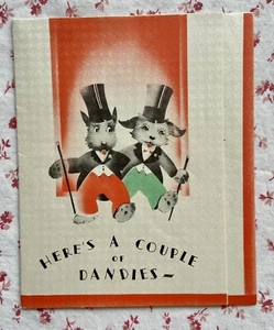 Vintage 1930s Christmas Cute Anthropomorphic Dogs in Top Hats Greeting Card - Picture 1 of 3