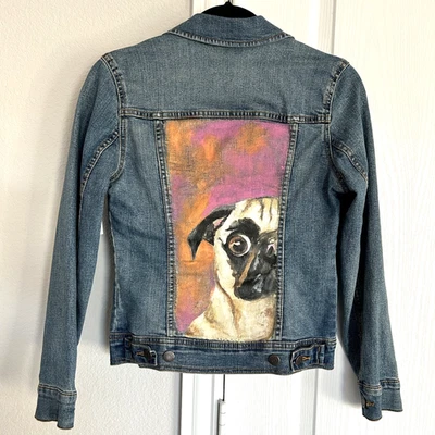 Chaqueta vaquera Pug Dog pintada a mano para mujer XS denim arte para usar ÚNICA nueva con etiquetas Foto 1 de 4