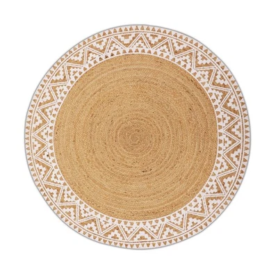 Джутовый плетеный небольшой ковер премиум-качества, круглый 5 футов, с белым принтом по краям, St... - Изображение 1 из 4