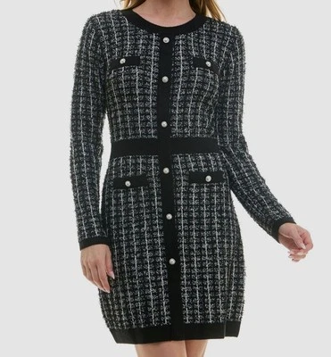 Vestido para mujer BCX negro tweed imitación botón ribete cuello redondo talla L Foto 1 de 3