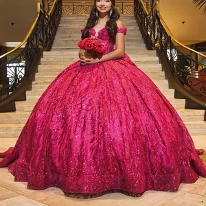 Abiti da ballo rosa rosso quinceanera pizzo lucido paillettes applicazioni dolci 15 16 - Foto 1 di 11