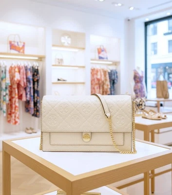 Tory Burch T Monogram Cream Leather Chain Wallet Crossbody Clutch Purse 158692 - Image 1 of 4