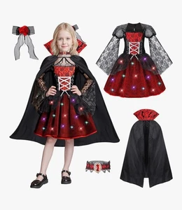 Girls Vampire Costume with Cape Light Up Dress Halloween Outfit Lace Rose 10-12 - Picture 1 of 7