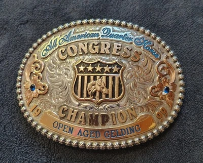 1999 American Quarter Horse Champion Gist Sterling 10K Gold Trophy Belt Buckle - Image 1 of 4