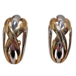 VINTAGE 80’S BOLD GOLD & SILVER TONE INTERTWINED CLIP ON HOOP EARRINGS STATEMENT - Picture 1 of 7