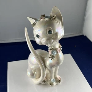 Vintage MCM Iridescent 7” White Blue-Eyed Cat Lefton 871 Figurine - Picture 1 of 9
