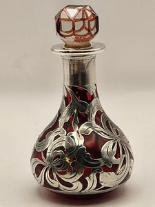 Jugendstil Cranberry rot Glas Sterlingsilber Überfang Parfüm Flakon 4" Vintage - Bild 1 von 14