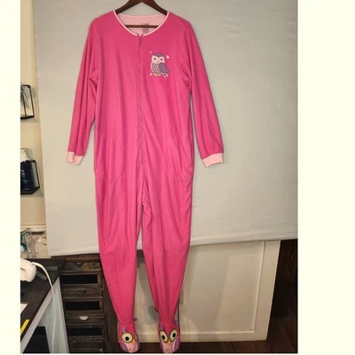 Nick & Nora Pink Fleece Owl One Piece Footie Pajamas Large - Image 1 of 4