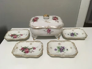 Vintage Japan Vanity Floral Zigarettendose mit Fuß komplett mit 4 Aschenbechern Porzellan - Bild 1 von 5