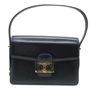 CELINE Triomphe Logo Shoulder Hand Bag Leather Navy Gold Made In France M782 - Picture 1 of 18