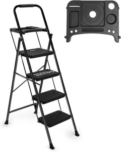 Escalera plegable de 4 peldaños con plataforma de herramientas antideslizante - Imagen 1 de 9
