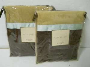 Nate Berkus Indochine Standard Pillow Shams x2 Camel Brown Teal Grosgrain Trim - Picture 1 of 5