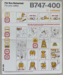 Lufthansa Airlines B747-400 Safety Card guter Zustand August 2011 - Bild 1 von 2