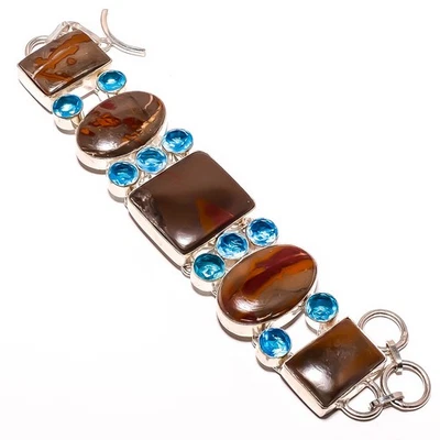 Brazalete de plata 925 con piedras preciosas de topacio azul y mocaita natural 7-7,99" TB750-5 Foto 1 de 4