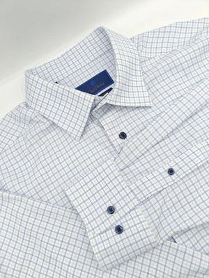 🇺🇲 Camisa David Donahue Para Hombres 18x35 Azul Cuadros Rendimiento Ajuste Ajuste Foto 1 de 4