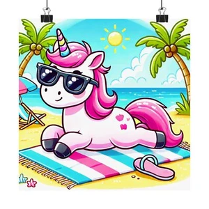 Encantador póster de playa unicornio, arte lúdico para habitación de niños, vibraciones de verano, brillante - Imagen 1 de 5