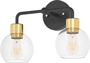 16" Wide Black and Brushed Gold 2-Light Vanity Bath Light with Clear Seedy Glass - Picture 1 of 9