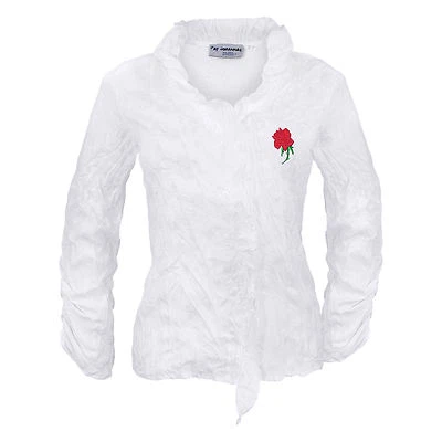 Trachtenbluse Trachten Damen Blusen Hemd  Weiß Langarm Crinkle Rose Bestickt Neu - Bild 1 von 4