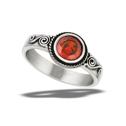 Acciaio Inox Intrecciato Rotondo Anello Con Scarabocchio e Rosso Zirconia Cubica - Immagine 1 di 1