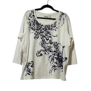 Weekends by Chico’s size 3 cream with navy print rhinestones 3/4 sleeve top - Picture 1 of 7