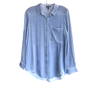 Eileen Fisher Women's Velvet Shirt Blouse Size XS Blue Long Sleeve Rayon Silk