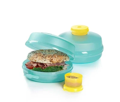 Tupperware Round Sandwich Bagel Keepers Set Yellow Smidgets Mint Containers New - Image 1 of 4