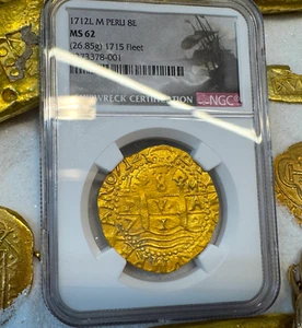 PERU 1712 NGC 62 "1715 FLEET SHIPWRECK" 8 ESCUDOS PIRATE GOLD COINS DOUBLOON - Picture 1 of 24