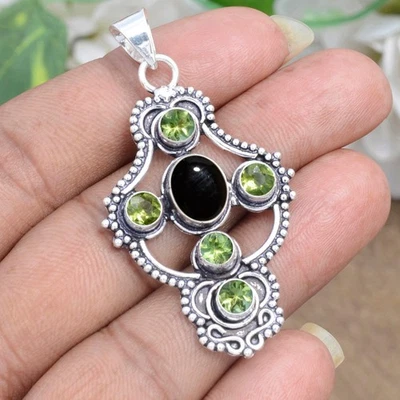Black Onyx Faceted Peridot Gemstone 925 Sterling Silver Cross Christmas Jewelry - Image 1 of 4