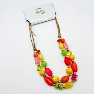Mixit Colorful Beaded Statement Necklace Bright Multi Bead Gold Tone Adjustable - Picture 1 of 3