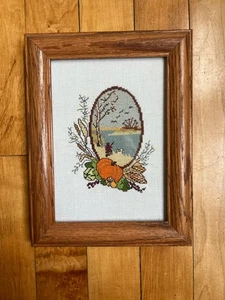 Cross Stitch "Autumn" Fall Scene Hunter Harvest Pumpkins Framed Vintage - Picture 1 of 5