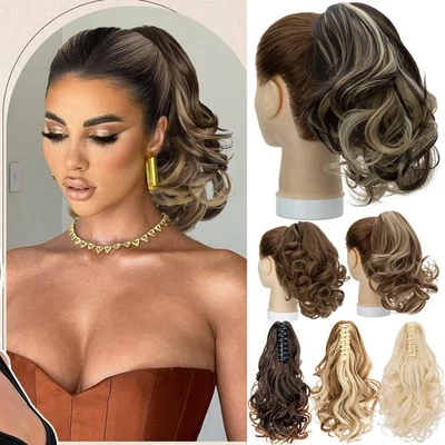 Extensiones de cola de caballo onduladas con clip de garra corta cola de caballo real como postizos de cabello humano Foto 1 de 4