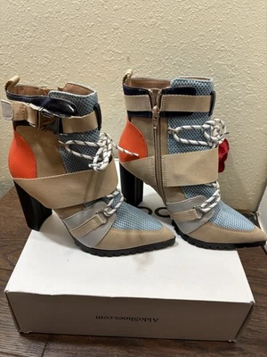 "Bota de cuero Steve Madden Illusion para mujer 7,5 naranja azul bloque de color tacón de 4""" Foto 1 de 4