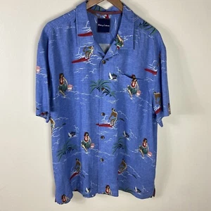 Tommy Bahama Camp Shirt Mens XL Hula Girl Hawaiian Blue Silk Short Sleeves - Picture 1 of 16