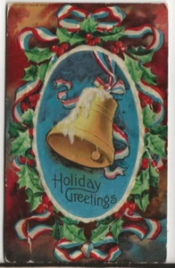 Vintage Embossed Postcard Christmas: Patriotic, Bell, Holly, Ribbon - Picture 1 of 2
