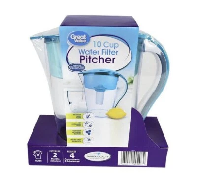 Great Value 10 Cup Plastic Water Filter Pitcher Clear with Teal Lid & 5 Filters - Image 1 of 4