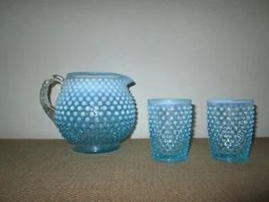 Vtg FENTON Blue Opalescent Hobnail Glass 32 Oz Squat Pitcher + 2 Juice Glasses - Picture 1 of 7