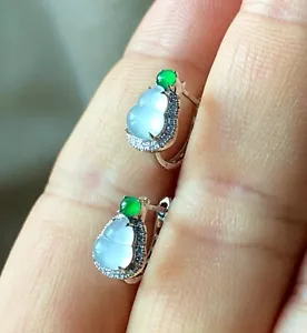 Certified Grade A Jade Jadeite Hight Icy Gourd Earring 18K Gold Inlaid Natural - Picture 1 of 10