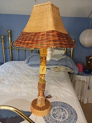 WI Table Lamp Folk Art hand carved signed Indian, Nature, Humor, Handmade shades - Image 1 of 4