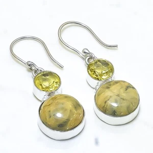 Serpentine, Lemon Topaz Gemstone 925 Silver Fashion Jewelry Earring 1.6" RE115 - Picture 1 of 3