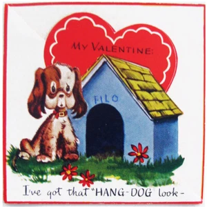 Tarjeta de San Valentín troquelada de colección años 50, perro, casa para perros, aspecto de perro colgante, 3,5""x3,5"" como nueva - Imagen 1 de 5