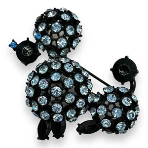 Broche vintage caniche caniche noir japonais bleu clair strass nouveauté - Photo 1 sur 7