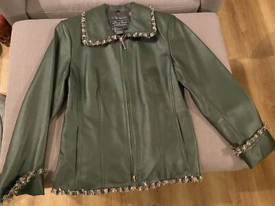 Chaqueta Terry Lewis Classic Luxuries verde 100 % cuero flecos para mujer talla S Foto 1 de 4
