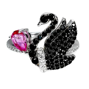 REICHER ROSA TOPAS & SCHWARZER SPINELL SCHWAN RING .925 STERLINGSILBER 14K WGP GRÖSSE 9,5 - Bild 1 von 3